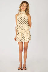 Beige Polka Dot High Neck Dress Mini Chiffon