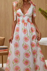 Equator Tied Shoulder Shirred Maxi Dress Floral Pink