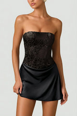 Embellished Draped Strapless A-Line Mini Dress in Black