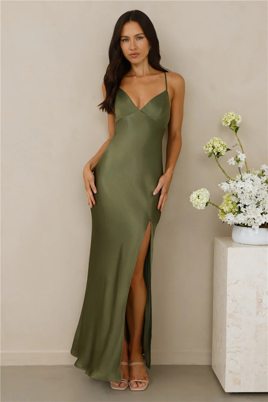The Sophia Satin Maxi Dress Olive