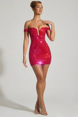 Embellished Off-Shoulder Mini Dress in Crimson Red