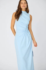 Blue High Neck Ruched Detail Bodycon Dress