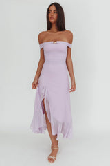 Moonlit Magic Off-Shoulder Split Maxi Dress Lilac