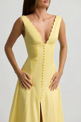 Cotton-Poplin A-Line Midaxi Dress in Pastel Yellow