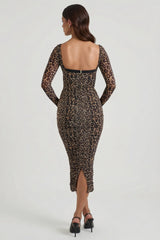 Layered Bra-Detail Ruched Midaxi Dress in Leopard Print