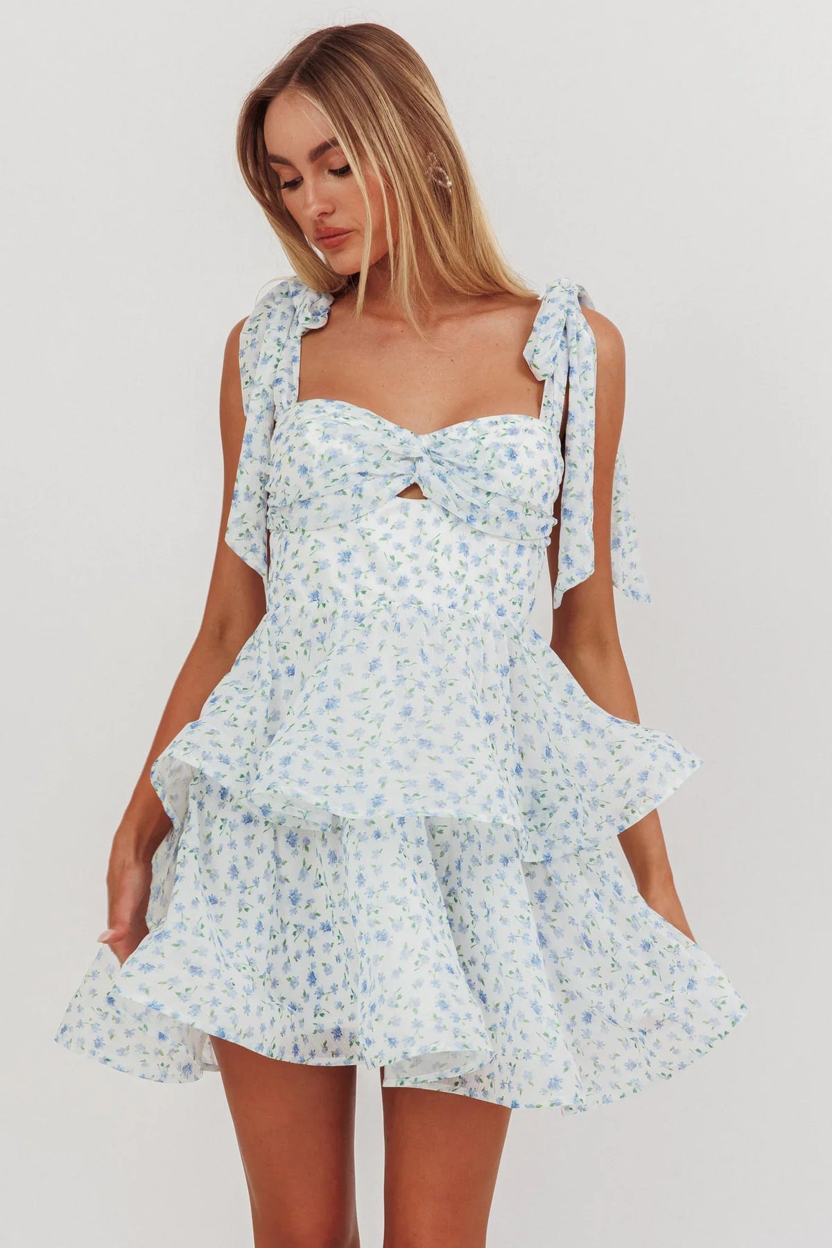Oliana Tied Shoulder Tiered Mini Dress Floral Blue